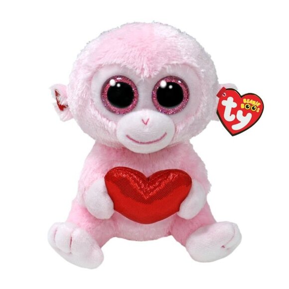 Ty Beanie Boos GiGi Pink Monkey Plush Red Heart Stuffed Animal Valentines Love - Picture 1 of 6